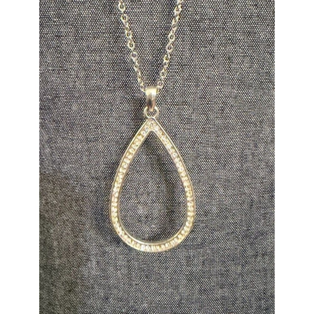 Women's Silver Tone Long Teardrop Pendant Necklace Textured Minimalist